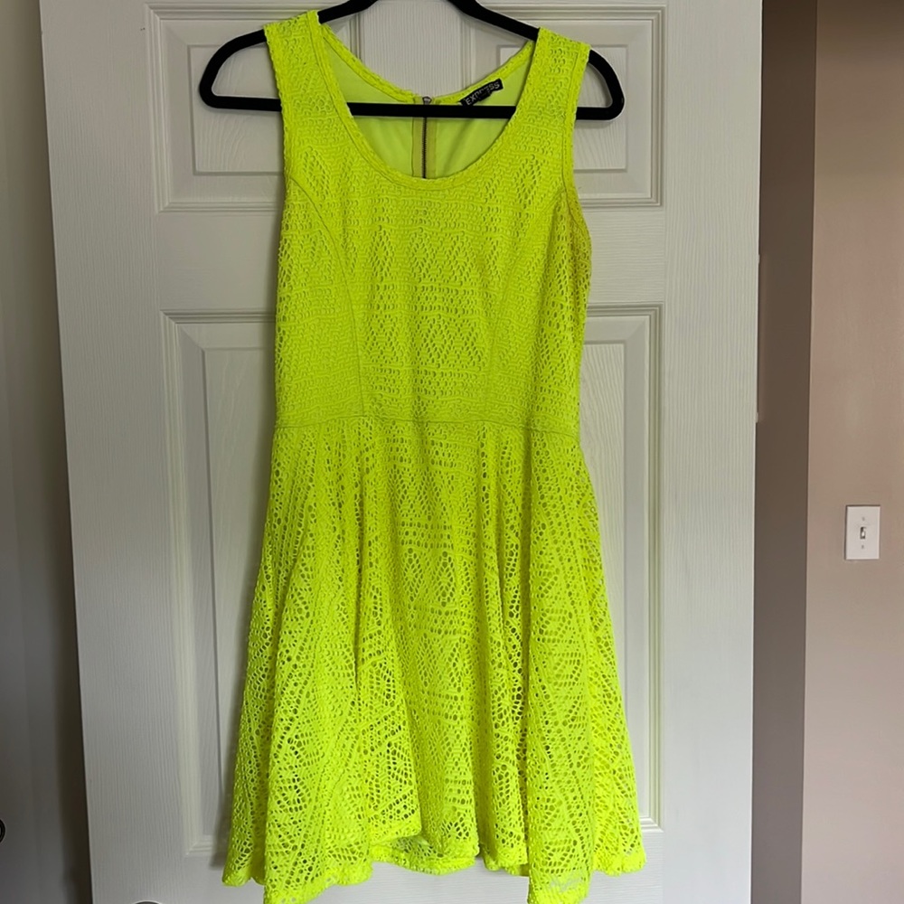 Neon yellow lace skater dress